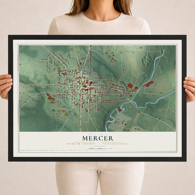Map of Mercer, Mercer County, Pennsylvania, 18 x 24 inch print in a black wood frame