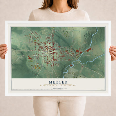Map of Mercer, Mercer County, Pennsylvania, 18 x 24 inch print in a white wood frame