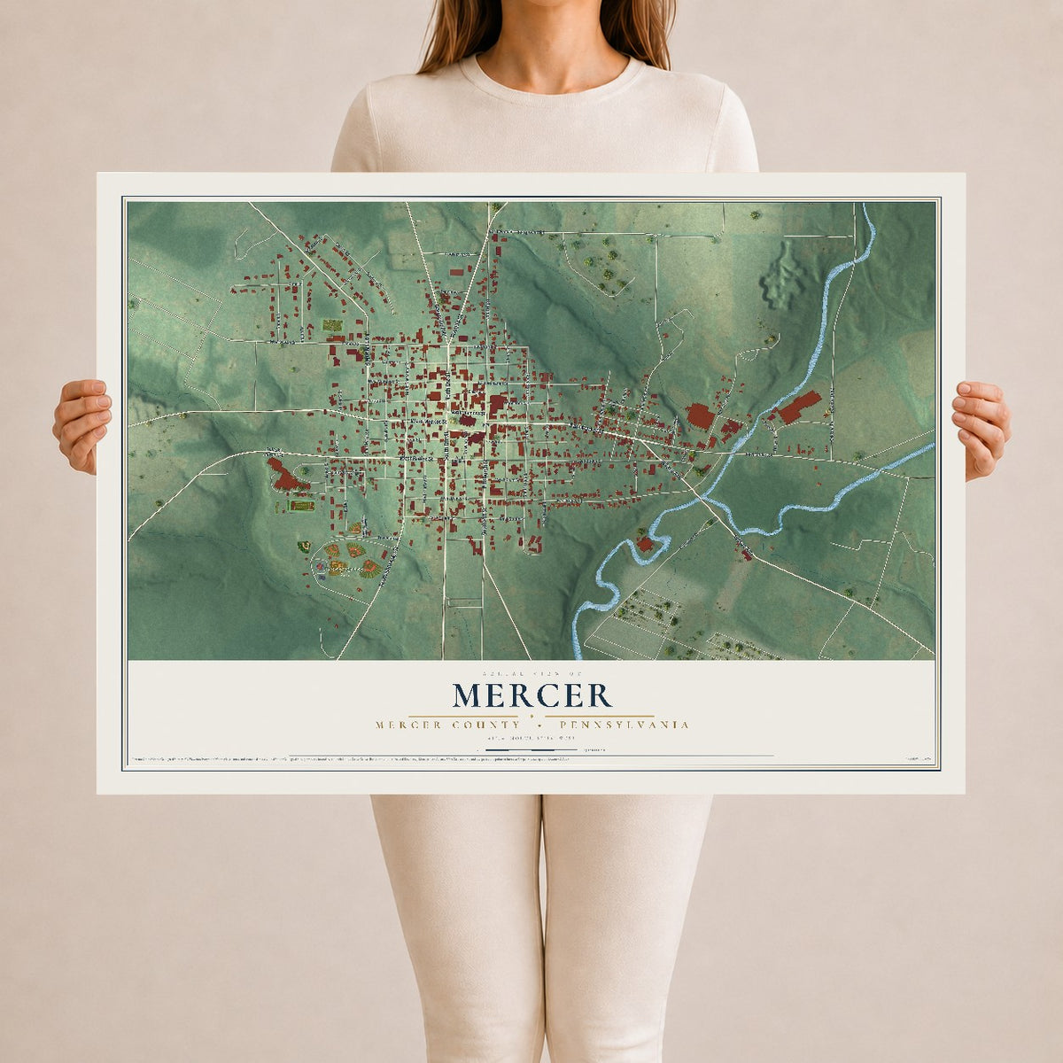 Map of Mercer, Mercer County, Pennsylvania, 24 x 36 inch unframed archival matte print