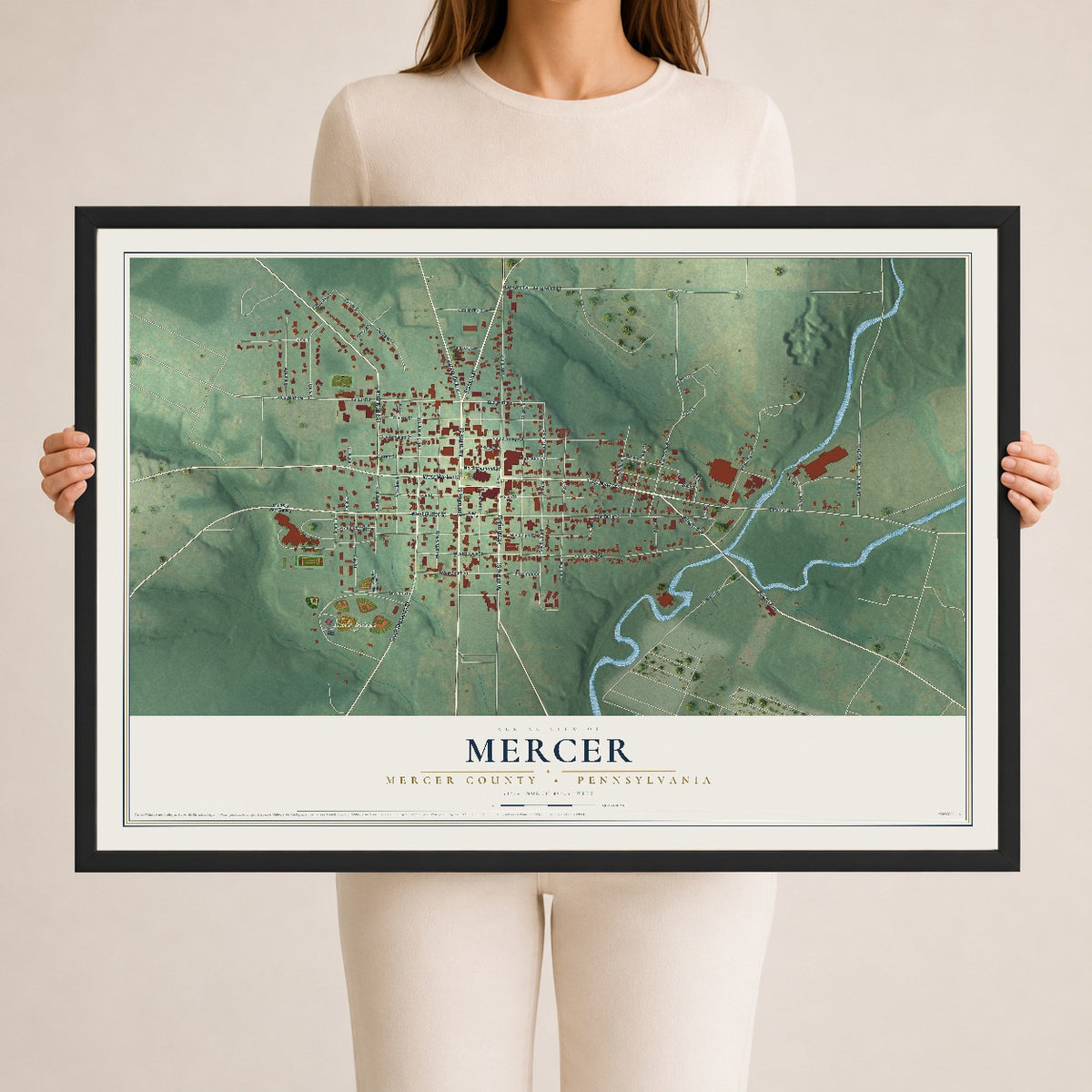 Map of Mercer, Mercer County, Pennsylvania, 24 x 36 inch print in a black wood frame