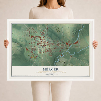 Map of Mercer, Mercer County, Pennsylvania, 24 x 36 inch print in a white wood frame