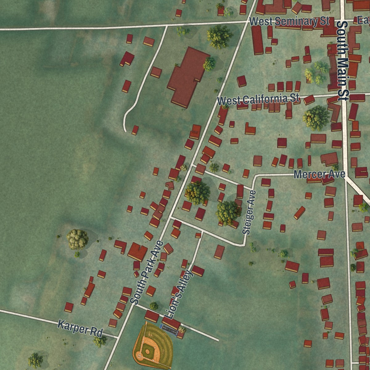 Second close-up of the map of Mercersburg, Pennsylvania print showing more streets and buildings