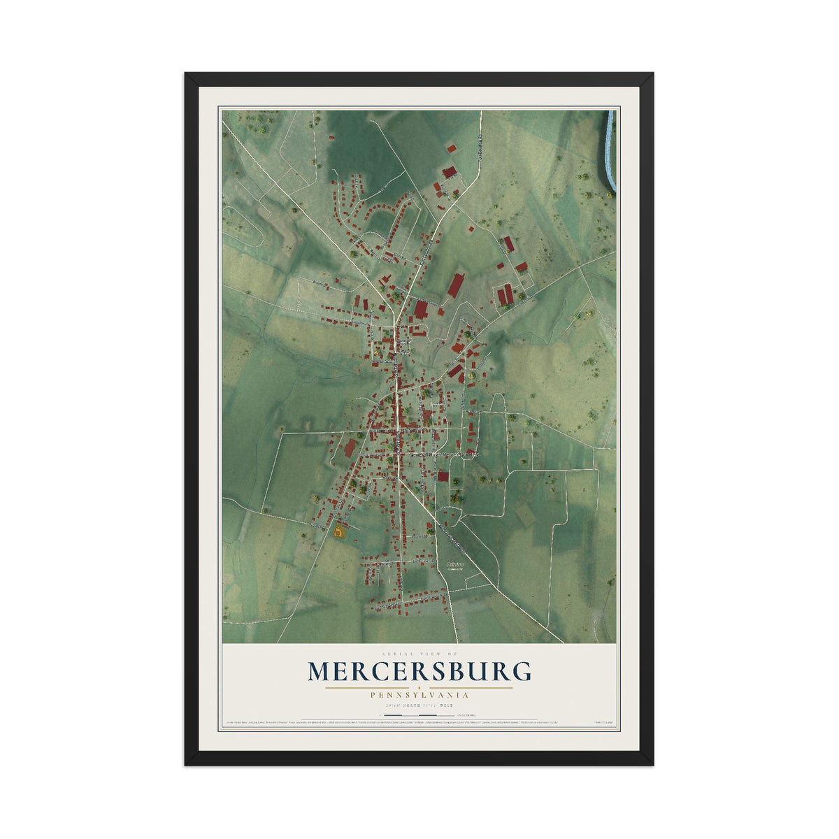 Map of Mercersburg, Pennsylvania, 12 x 18 inch print in a black wood frame