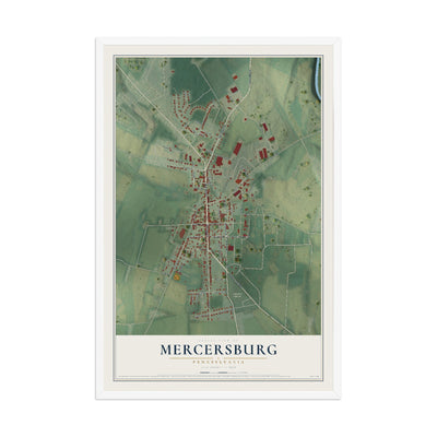 Map of Mercersburg, Pennsylvania, 12 x 18 inch print in a white wood frame