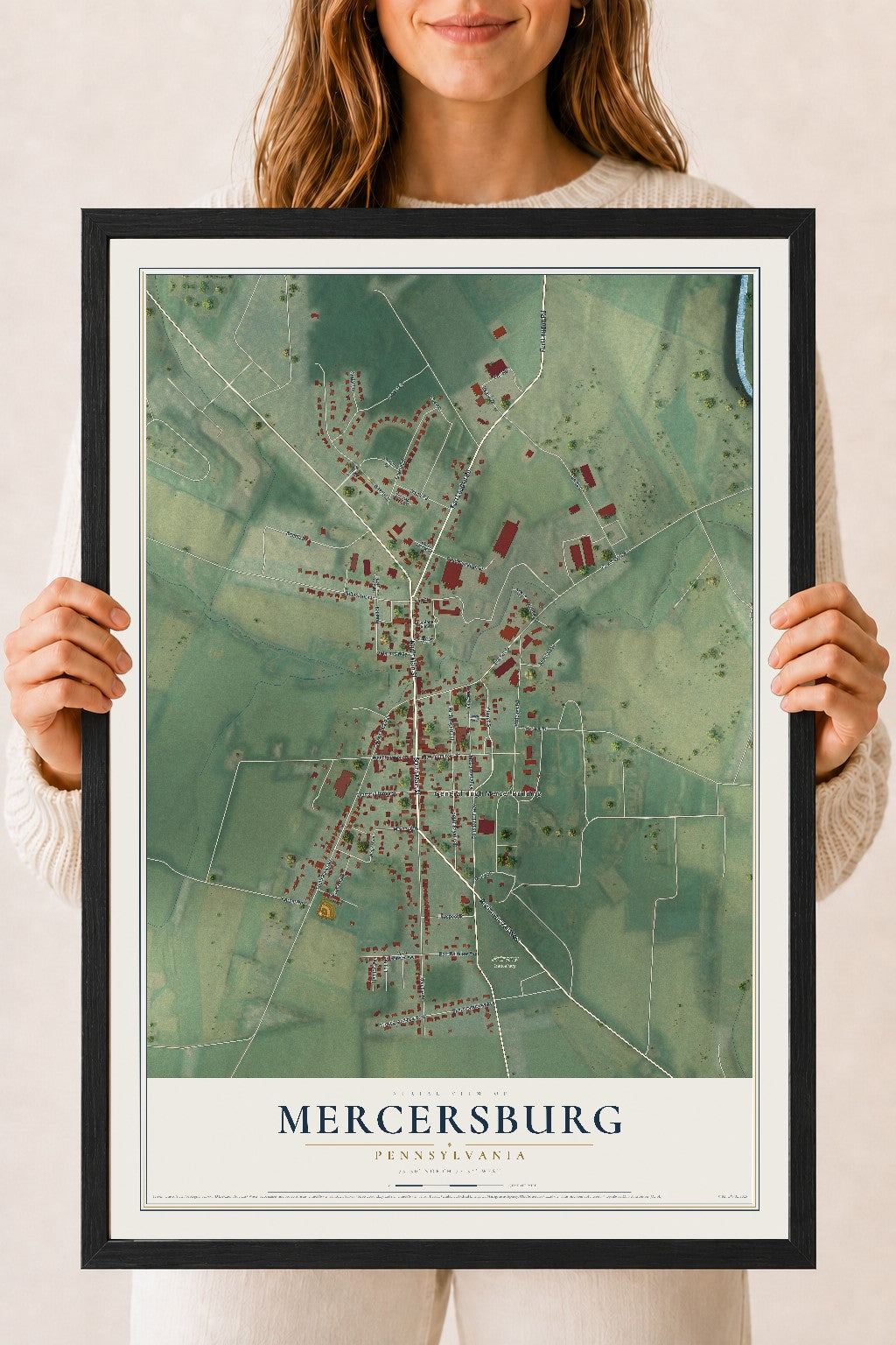 Map of Mercersburg, Pennsylvania, 18 x 24 inch print in a black wood frame