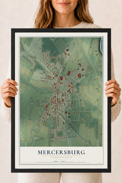 Map of Mercersburg, Pennsylvania, 18 x 24 inch print in a black wood frame