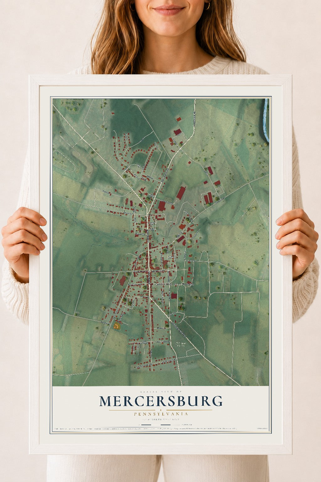 Map of Mercersburg, Pennsylvania, 18 x 24 inch print in a white wood frame