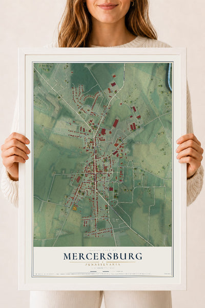 Map of Mercersburg, Pennsylvania, 18 x 24 inch print in a white wood frame