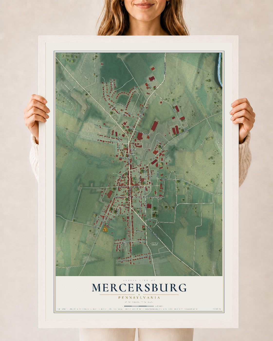 Map of Mercersburg, Pennsylvania, 24 x 36 inch print in a white wood frame