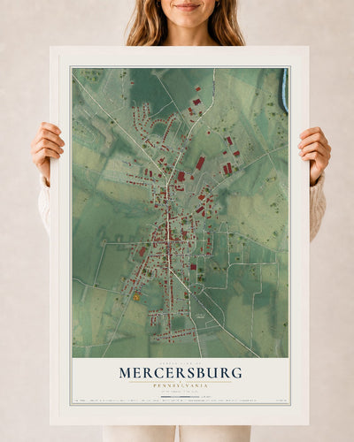 Map of Mercersburg, Pennsylvania, 24 x 36 inch print in a white wood frame