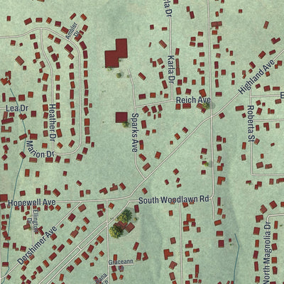 Close-up of the map of Meridian, Pennsylvania print showing street and building detail