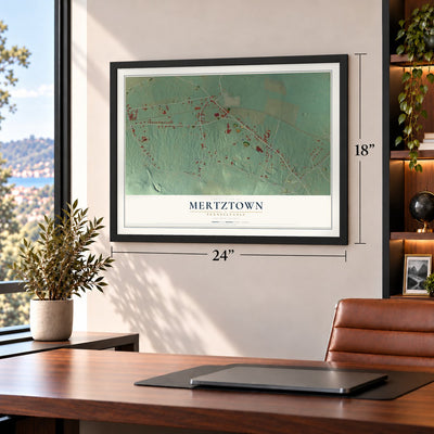 Mertztown, Pennsylvania map, 18 x 24 inch print in a black frame in a home office