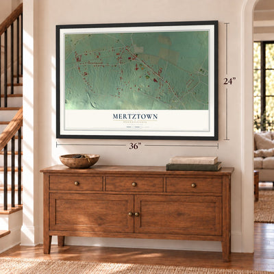 Mertztown, Pennsylvania map, 24 x 36 inch print in a black frame above a dresser by a staircase