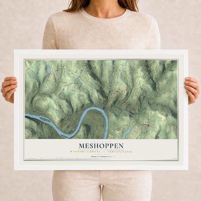 Map of Meshoppen, Wyoming County, Pennsylvania, 12 x 18 inch print in a white wood frame