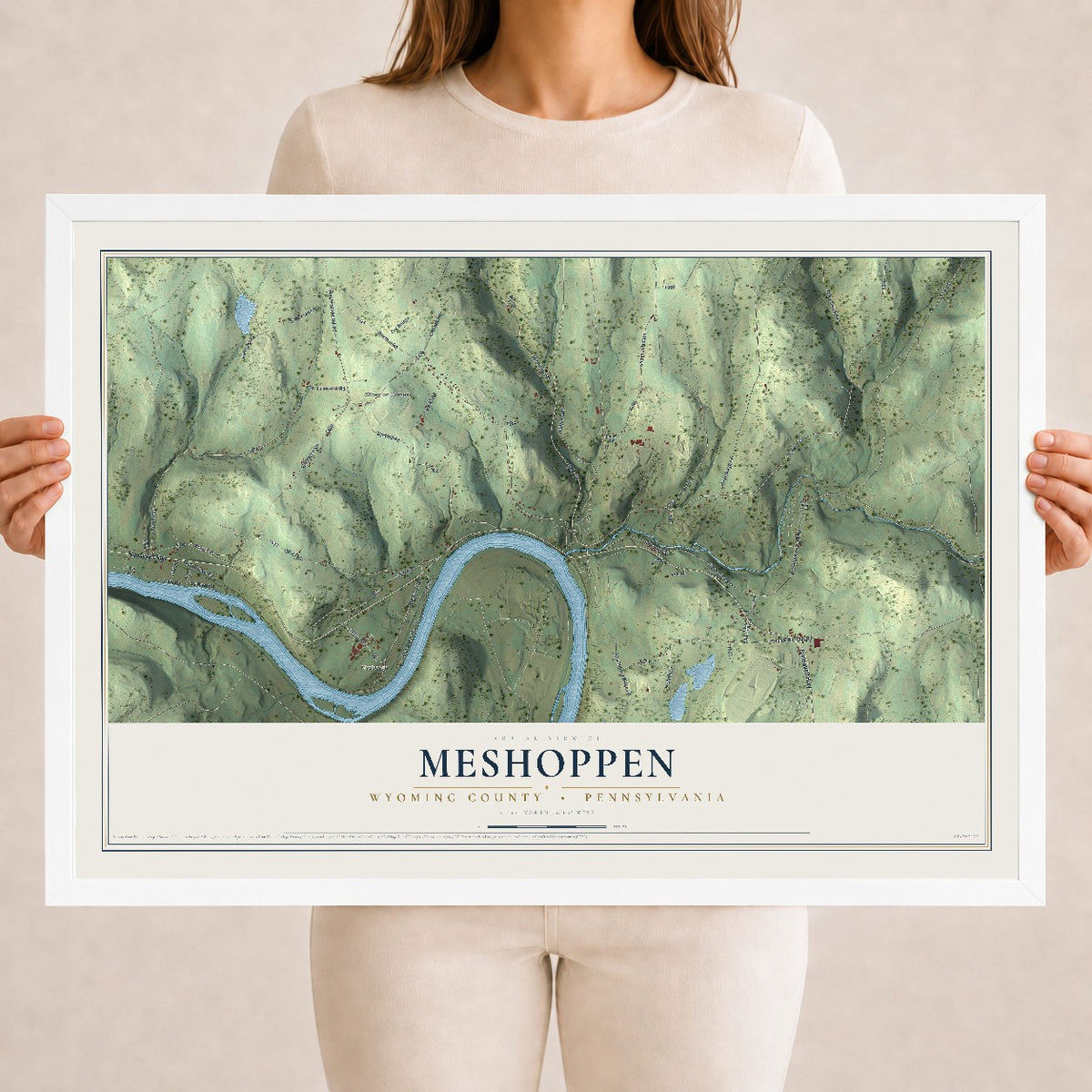 Map of Meshoppen, Wyoming County, Pennsylvania, 18 x 24 inch print in a white wood frame