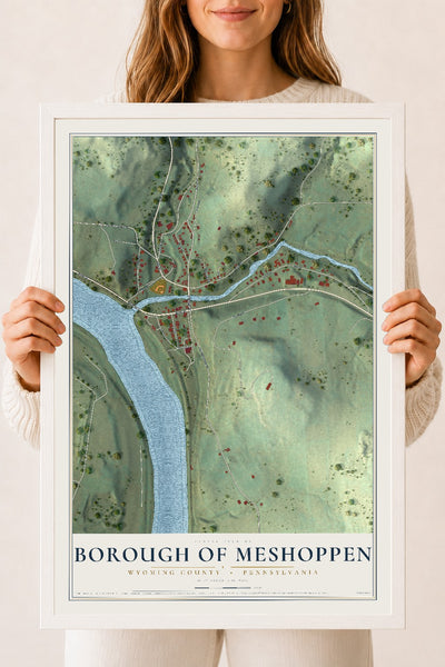 Map of the Borough of Meshoppen, Wyoming County, Pennsylvania, 18 x 24 inch print in a white wood frame