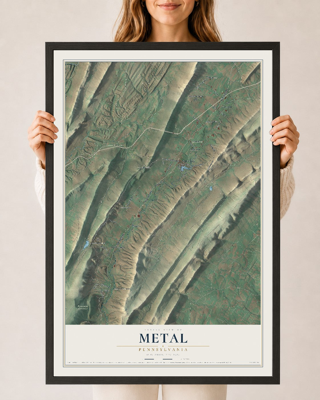 Map of Metal, Pennsylvania, 24 x 36 inch print in a black wood frame