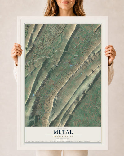 Map of Metal, Pennsylvania, 24 x 36 inch print in a white wood frame