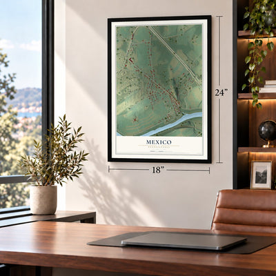 Mexico, Pennsylvania map, 18 x 24 inch print in a black frame in a home office