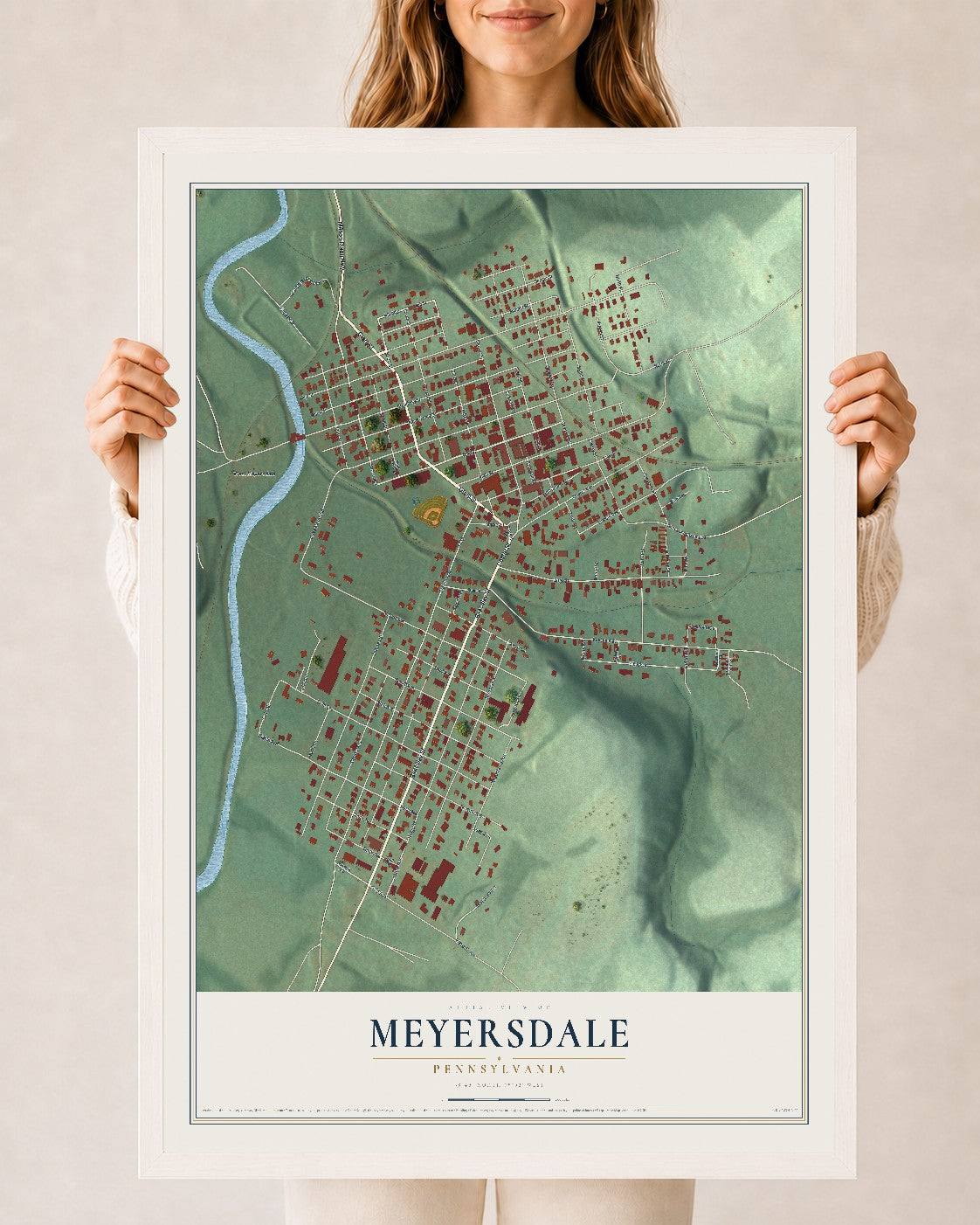 Map of Meyersdale, Pennsylvania, 24 x 36 inch print in a white wood frame
