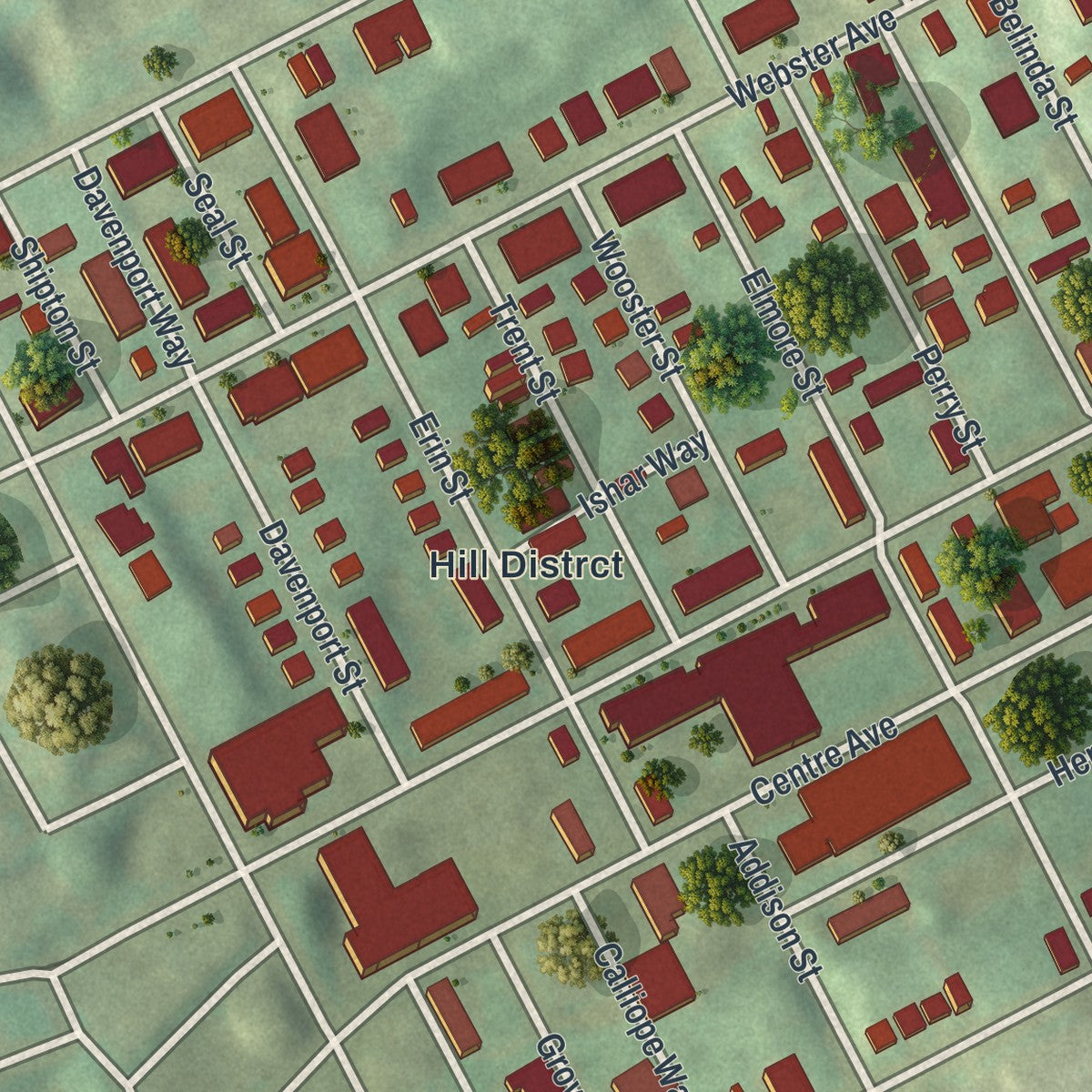 Close-up of the map of Middle Hill, Pennsylvania print showing street and building detail
