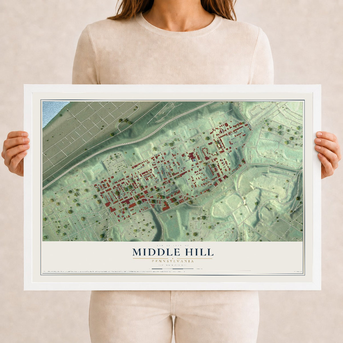 Map of Middle Hill, Pennsylvania, 12 x 18 inch print in a white wood frame