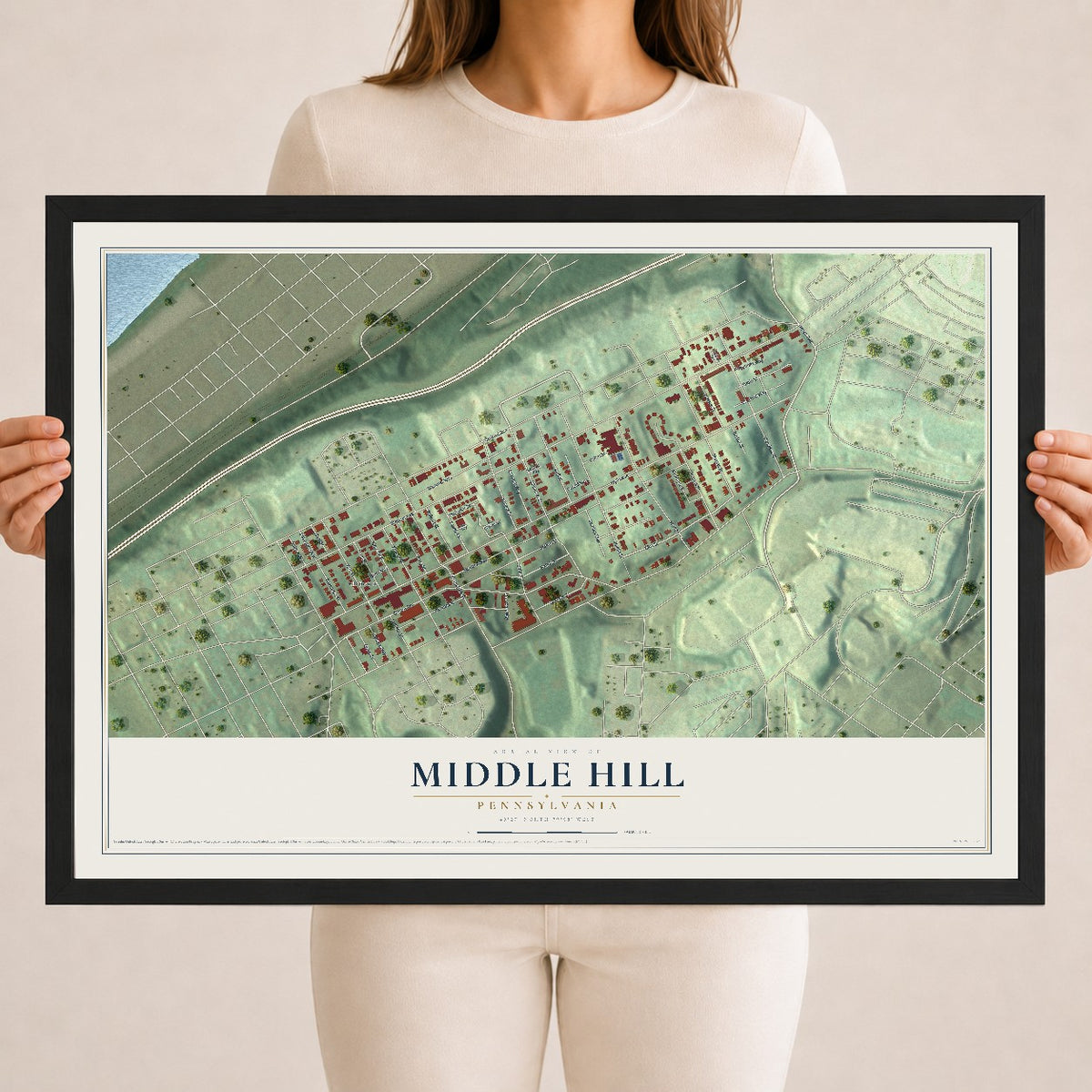 Map of Middle Hill, Pennsylvania, 18 x 24 inch print in a black wood frame