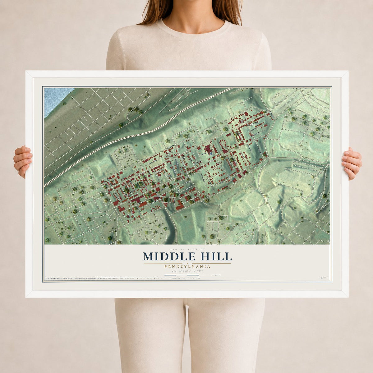 Map of Middle Hill, Pennsylvania, 24 x 36 inch print in a white wood frame