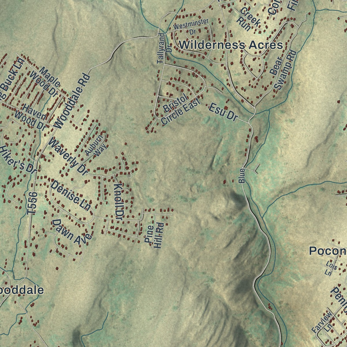 Second close-up of the map of Middle Smithfield, Pennsylvania print showing more streets and buildings