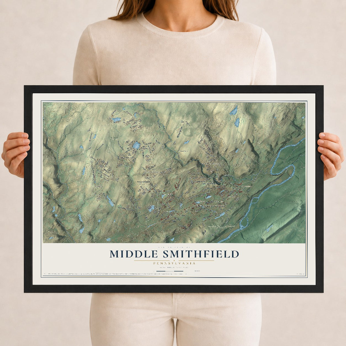 Map of Middle Smithfield, Pennsylvania, 12 x 18 inch print in a black wood frame