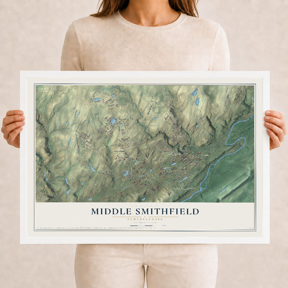 Map of Middle Smithfield, Pennsylvania, 12 x 18 inch print in a white wood frame