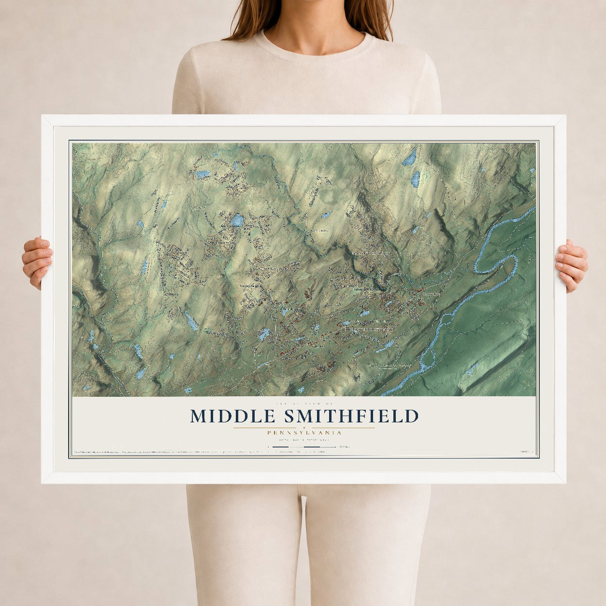 Map of Middle Smithfield, Pennsylvania, 24 x 36 inch print in a white wood frame