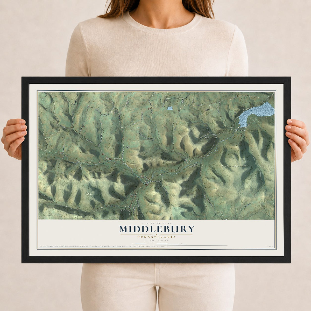 Map of Middlebury, Pennsylvania, 12 x 18 inch print in a black wood frame