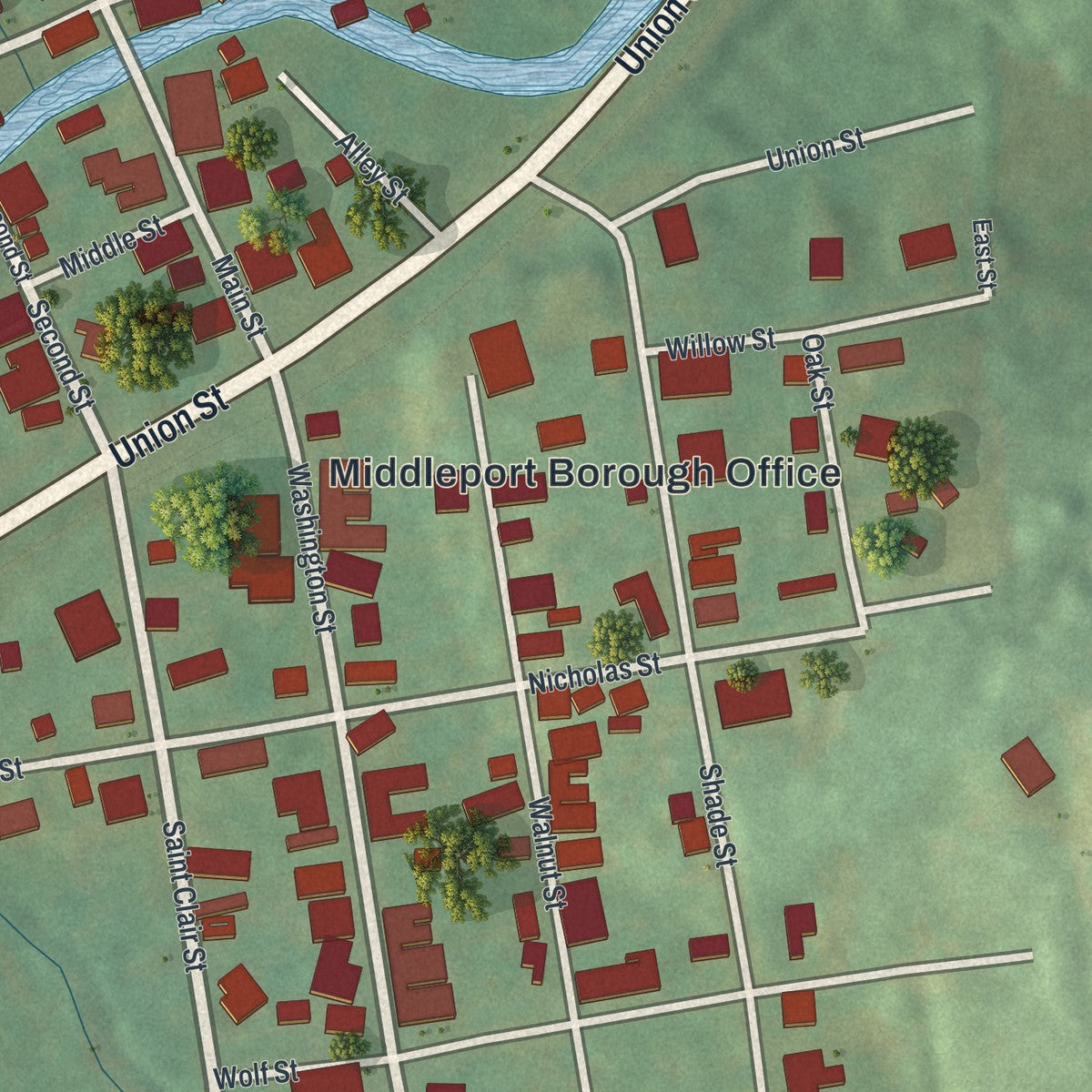 Close-up of the map of Middleport, Pennsylvania print showing street and building detail