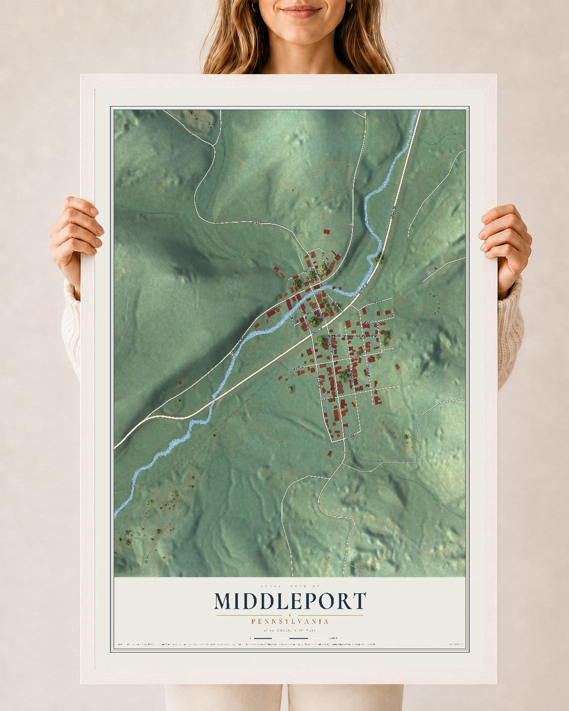 Map of Middleport, Pennsylvania, 24 x 36 inch print in a white wood frame