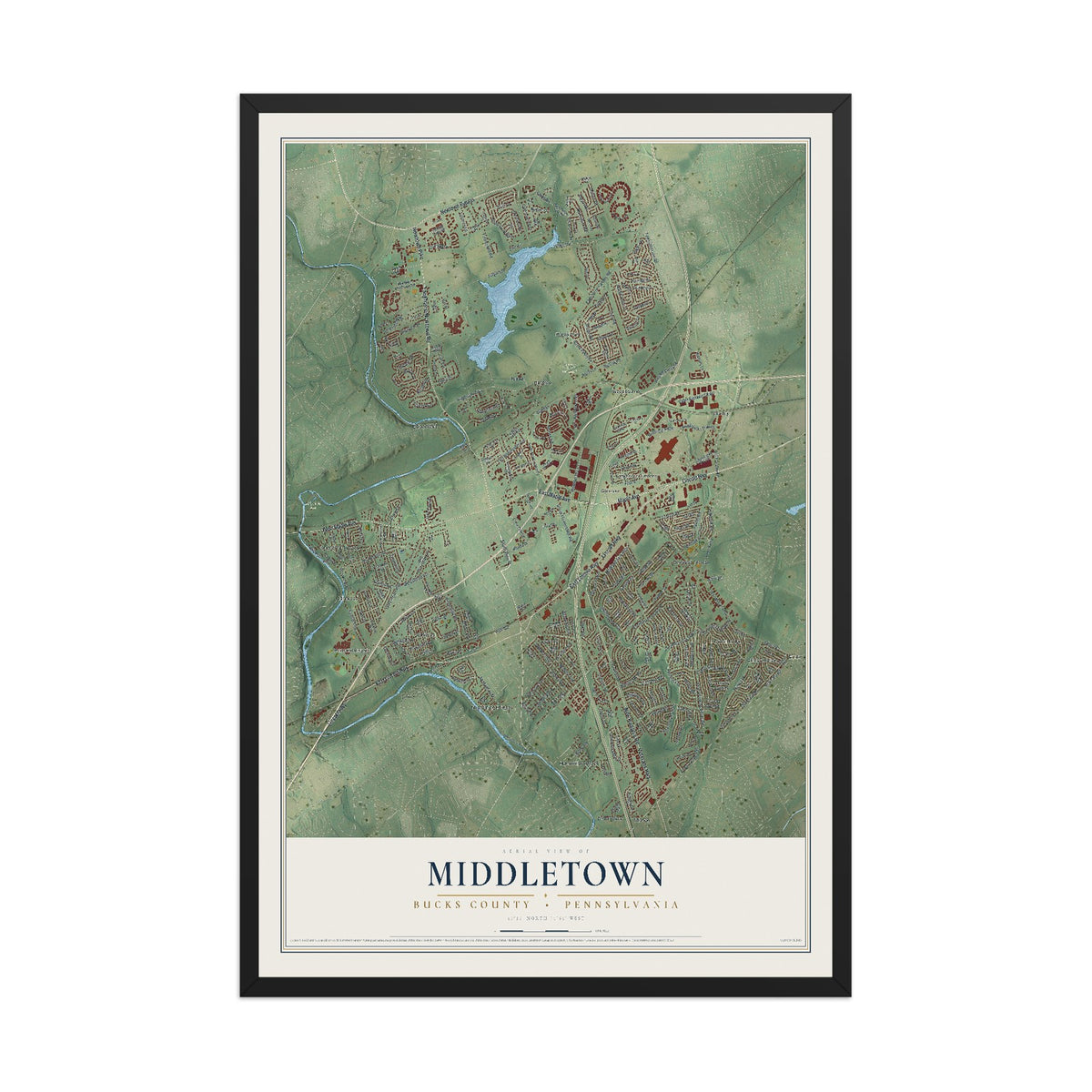 Map of Middletown, Bucks County, Pennsylvania, 12 x 18 inch print in a black wood frame
