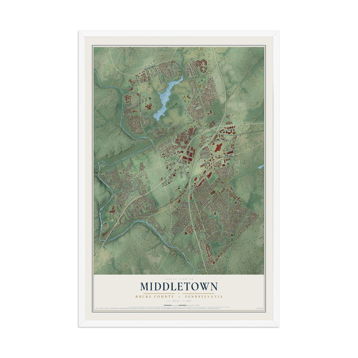 Map of Middletown, Bucks County, Pennsylvania, 12 x 18 inch print in a white wood frame