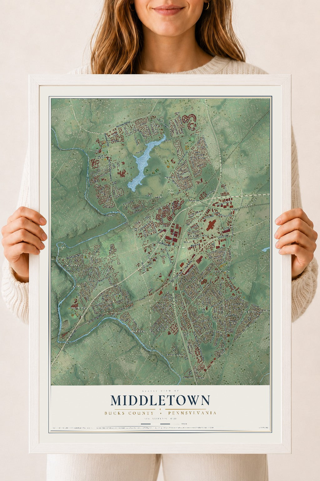 Map of Middletown, Bucks County, Pennsylvania, 18 x 24 inch print in a white wood frame