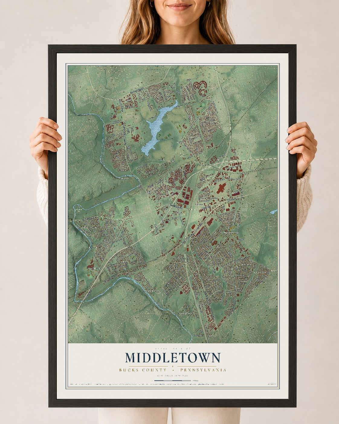 Map of Middletown, Bucks County, Pennsylvania, 24 x 36 inch print in a black wood frame