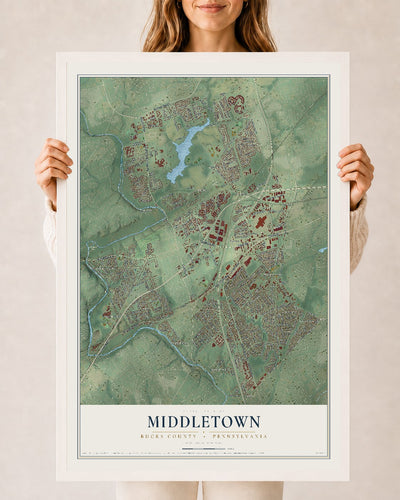 Map of Middletown, Bucks County, Pennsylvania, 24 x 36 inch print in a white wood frame