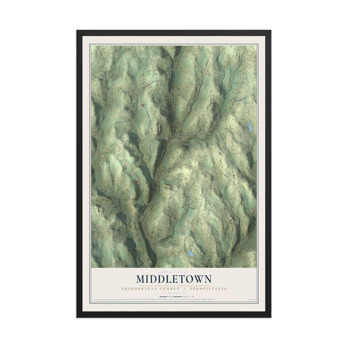 Map of Middletown, Susquehanna County, Pennsylvania, 12 x 18 inch print in a black wood frame