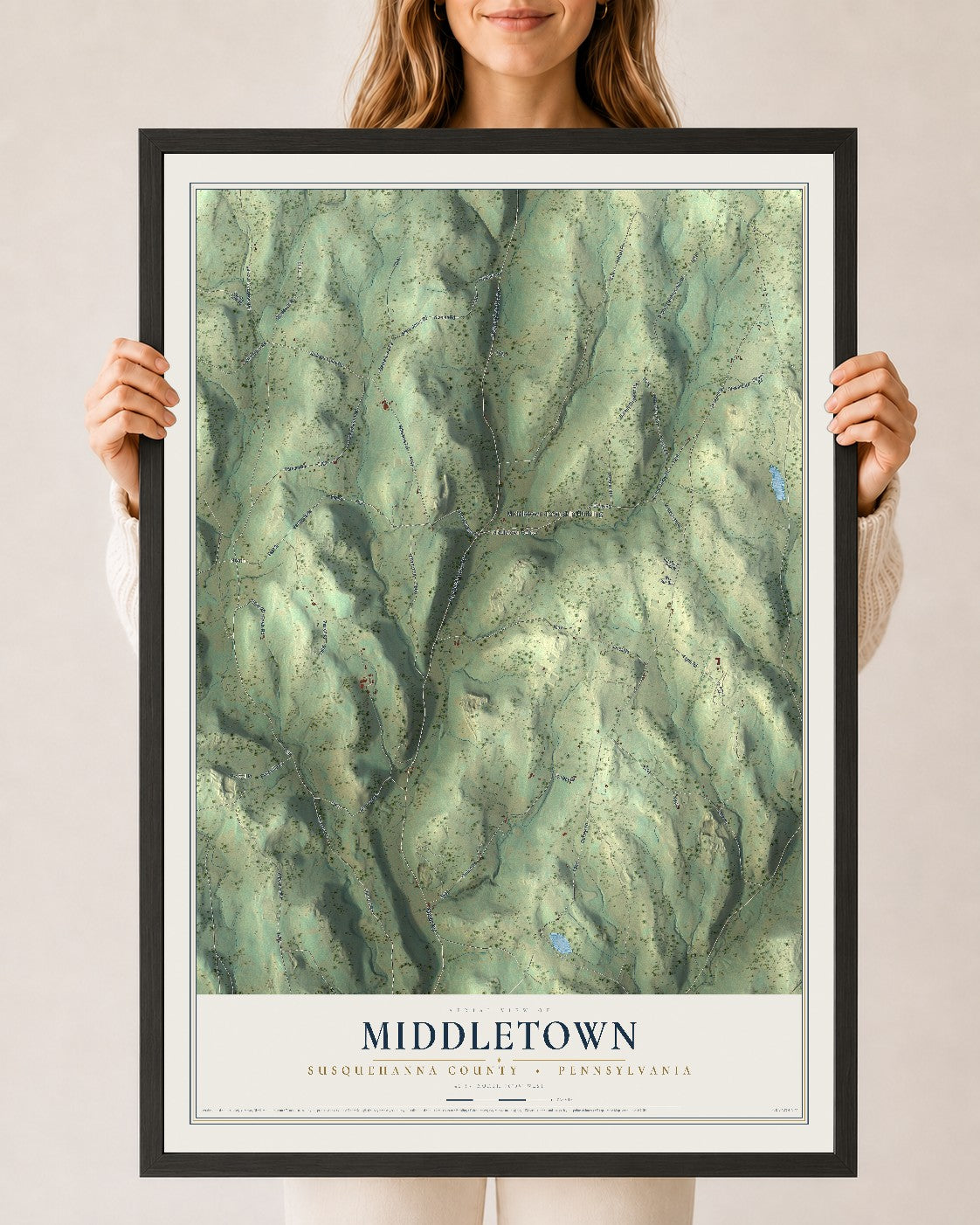 Map of Middletown, Susquehanna County, Pennsylvania, 24 x 36 inch print in a black wood frame
