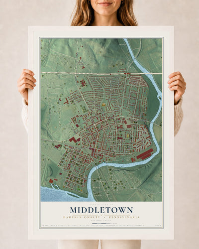 Map of Middletown, Dauphin County, Pennsylvania, 24 x 36 inch print in a white wood frame