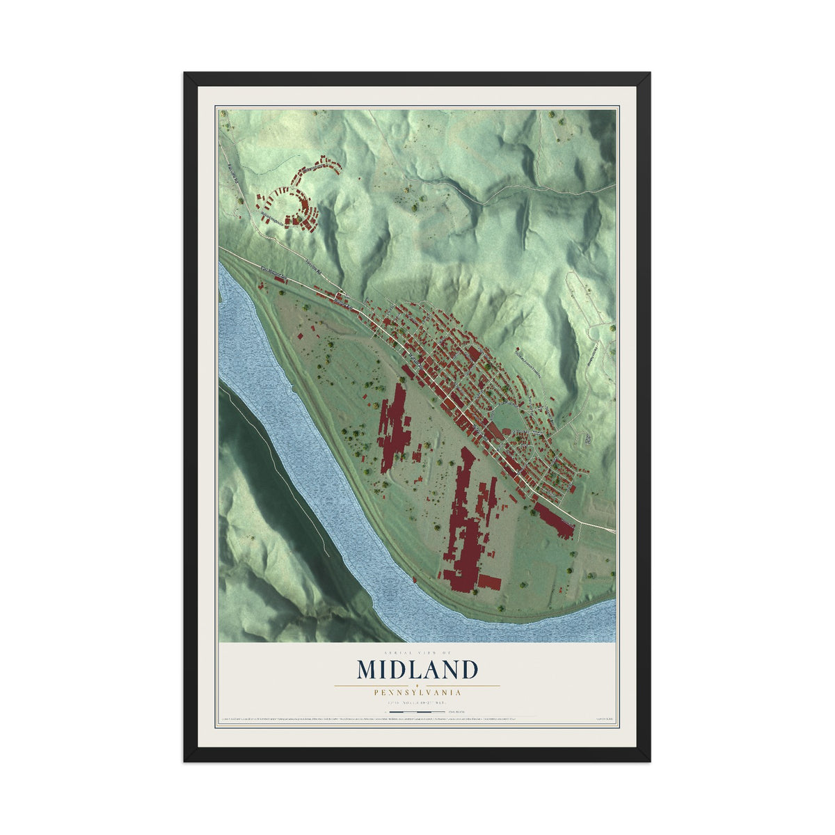 Map of Midland, Pennsylvania, 12 x 18 inch print in a black wood frame