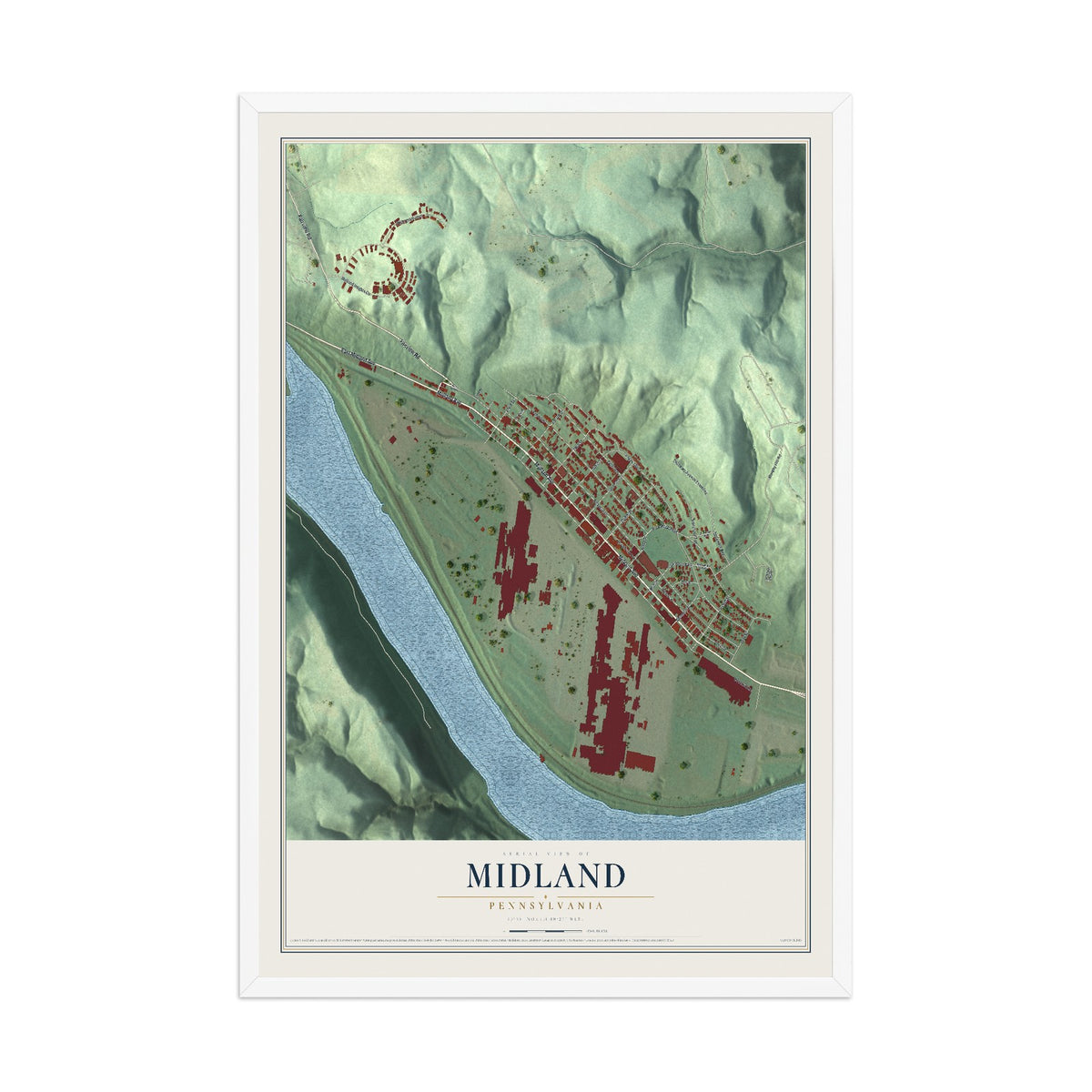 Map of Midland, Pennsylvania, 12 x 18 inch print in a white wood frame