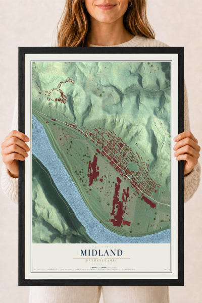 Map of Midland, Pennsylvania, 18 x 24 inch print in a black wood frame