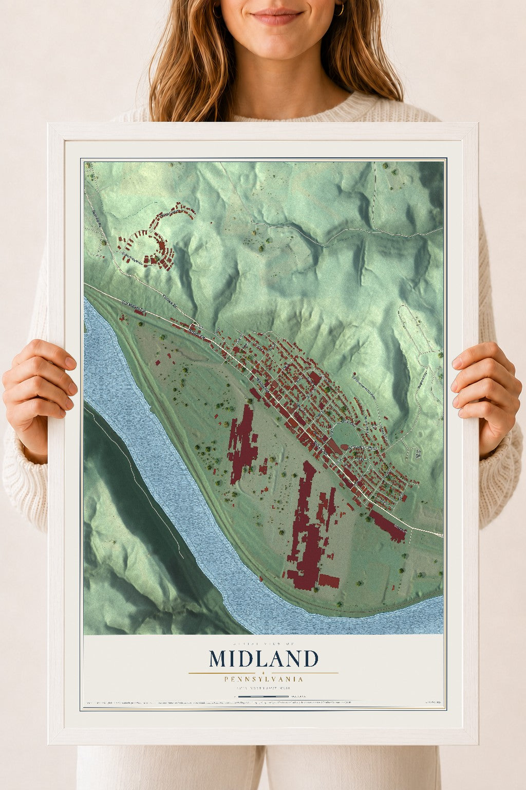 Map of Midland, Pennsylvania, 18 x 24 inch print in a white wood frame