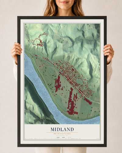 Map of Midland, Pennsylvania, 24 x 36 inch print in a black wood frame
