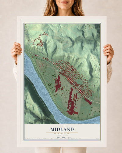 Map of Midland, Pennsylvania, 24 x 36 inch print in a white wood frame