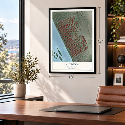 Midtown, Pennsylvania map, 18 x 24 inch print in a black frame in a home office